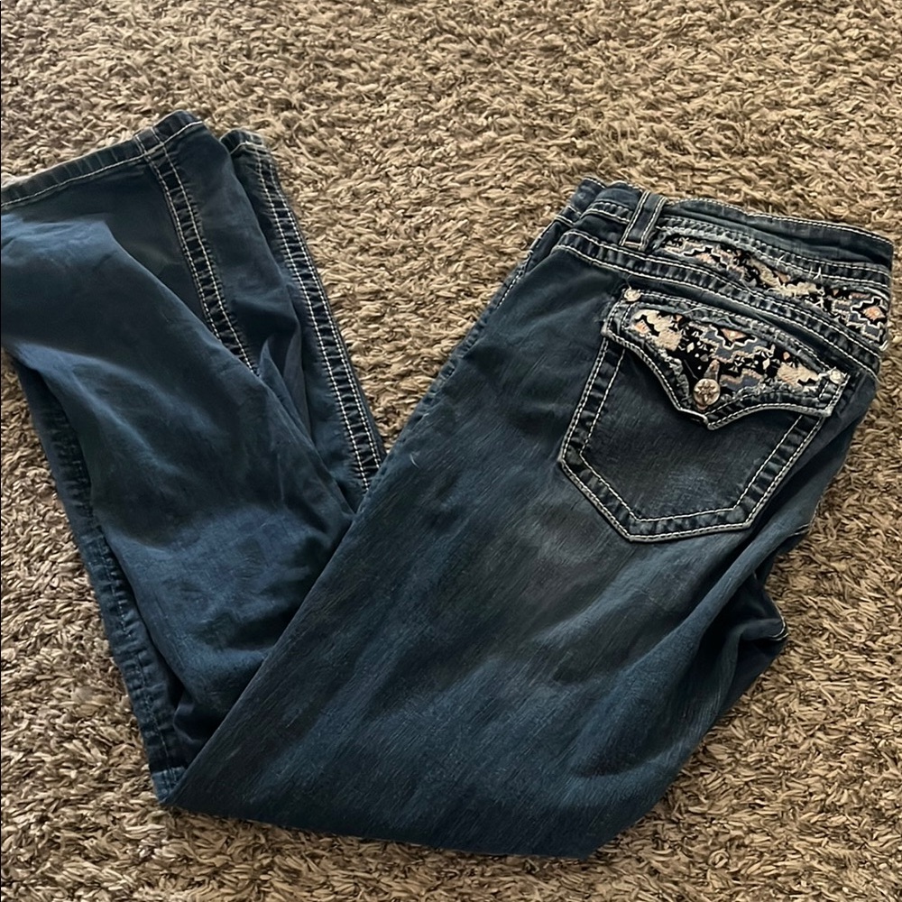 Miss Me Dark Blue Boot Cut Jeans with Embroidered Pockets